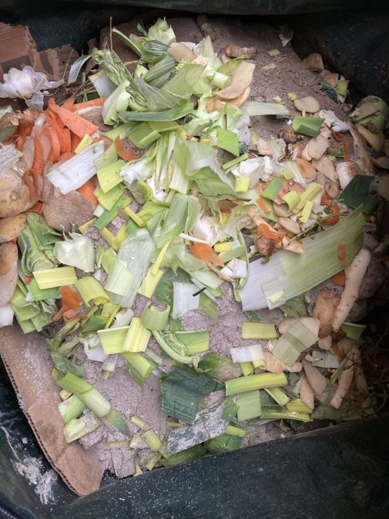 Close-up of vegetable peelings, cardboard and wood ash added to the top of a compost bag.