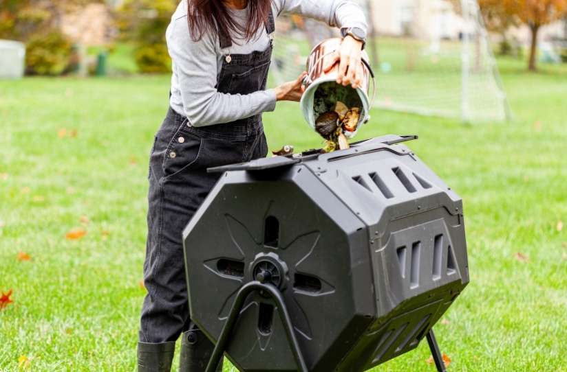 A person adds kitchen waste from a small bucket to the open hatch of a large tumbler composter.